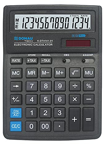 DONAU TECH Tischrechner 14-Stellig Wurzelfunktion/ 19,9 x 15,3 x 3,1 cm/Schwarz/Rechner mit 14-stelliger Anzeige/Dual-Power Solar - Batteriebetrieb/Kompaktes Design