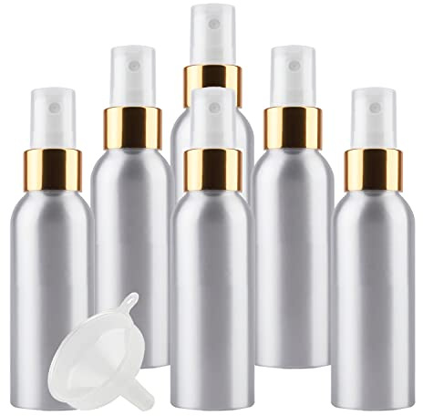 ZEOABSY 6 Pieces Empty 120ml Silver Aluminium Spray Bottle Refillable Aluminum Bottles with Gold/White Fine Mist Sprayer Metal Spray Bottles for Perfume Hair Garden Travel, Funnel