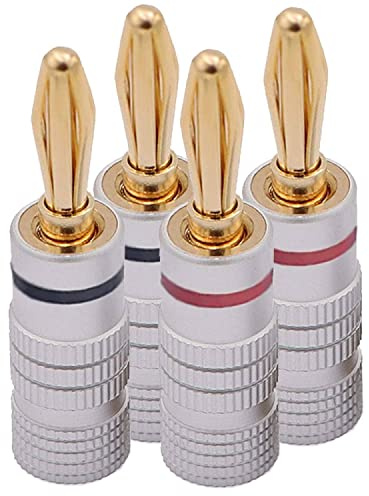 4x Bananenstecker Lautsprecher 1 Paar - 24K Vergoldet Schraubbar - Lautsprecherkabel 0,75mm bis 4mm - HiFi AV Receiver Audiokabel Stecker Federstecker Lamellenstecker | silber