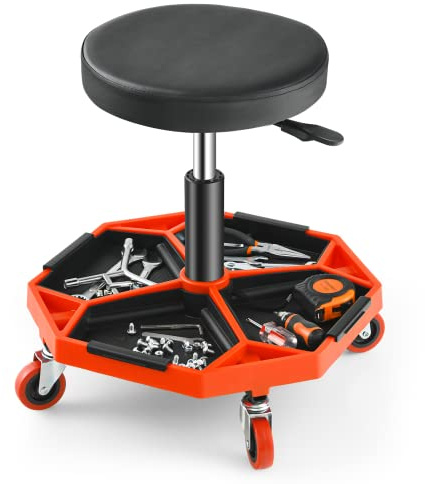 GOPLUS Taburete de Taller con Ruedas 41-56 cm Altura Ajustable, Taburete Mecánico con Bandeja para Herramientas y 4 Ruedas Universales, Carga 150 kg, para Garaje y Taller de Reparación