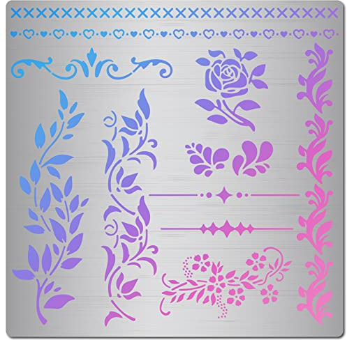 GORGECRAFT Metallrebenschablone 16x16 cm Blätter Rebe Rose Blume Randstreifen Muster Schablonen Wiederverwendbar Edelstahl-Malvorlage Für Holzschnitzerei Brandmalerei Gravur Dekoration Basteln