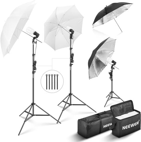 NEEWER - Kit de iluminación para fotografía (600 W, Equivalente incandescente con 2 Paraguas Blancos, 2 Paraguas Negro, 3 Bombillas LED de 24 W, 3 Soportes de luz, 2 Bolsas, 5 Cierres de Cables, 3