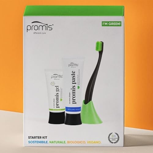 promis Umweltfreundliches und veganes Starter-Set | natürliche Zahnpasta | Zahngel gegen Zahnstein | weiche Zahnbürste + Zahnbürstenhalter