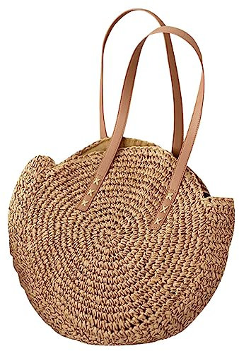 JS MOLD Damen Gewebte Tasche Rund-Strandtasche Stroh Sommer Gewebte Strandtasche,mit Reißverschluss Handgefertigte große Kapazität hohle runde Strohtasche für Reisen Urlaub (2)