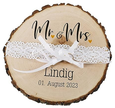 Herz & Heim® Baumscheibe als Ringkissen, mit persönlichen Daten bedruckt, verschiedene Motive (Mr & Mrs)
