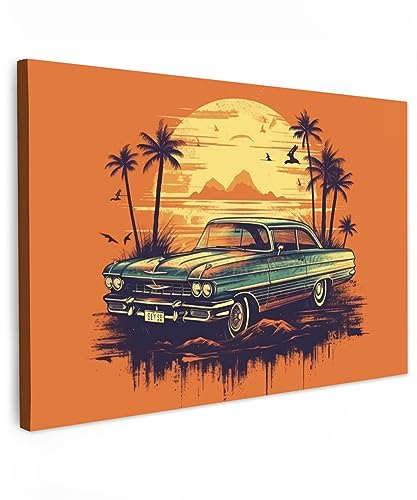 MuchoWow© Leinwand Bilder Groß 120x80 cm XXL Wanddeko Wohnzimmer Aesthetic Room Decor Deko Zimmer Wandbilder Modern Fotogeschenke Retro - Auto - Bäume - Berge - Orange