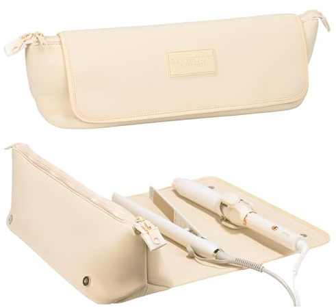 BAREFOOT CARIBOU Hair Tools Travel Bag and Heat Resistant Mat (15.5) for Flat Irons, Straighteners, Curling Iron, and Haircare Accessories, 2-in-1 design, Interior Pockets, Portable Organizer (Ivory)