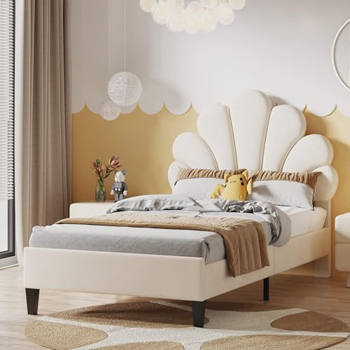 MQGPM Kinderbett Polsterbett 90 x 200cm mit Lattenrosten, Einzelbett Lattenrost aus Kopfteil Holz mit Blumenform, Mädchenbett,Samt,Beige(Ohne Matratze)