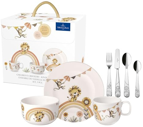 Villeroy & Boch - Roar like a Lion Set di Stoviglie per Bambini 7 Pezzi Beige, Lavabile in Lavastoviglie, Adatto per Microonde, Stoviglie, Piatti, Tazzine, Ciotola, Servizio, Porcellana Premium