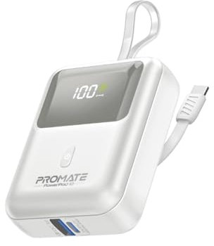 Batteria esterna Promate PowerPod-10 Powerbank 3-in-1 10000mAh Cavo USB-C Incorporato Porta USB-C 35W Porta USB-A QC 3.0 18W Multiprotezione Bianco