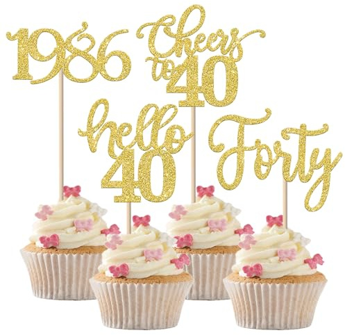 SYKYCTCY 24 Pack Happy 40th Birthday Cupcake Toppers Forty Hello 40 Cupcake Picks Cheers to 40 Cake Decorations for 40th Birthday Party Anniversary Party Supplies Gold