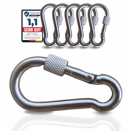 PinPro A4 Edelstahl Schraubkarabiner | Größe und Anzahl wählbar | 480kg-940kg Bruchlast | Rostfreier NIRO AISI 316 Karabiner mit Sicherheitsmutter
