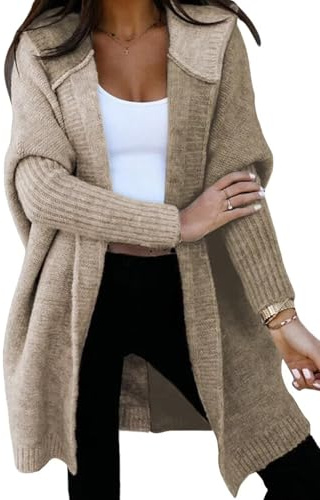 Astylish Women Casual Fall Fashion Hooded Color Block Open Front Cardigan Long Sleeve Sweater Outwear Deep Khaki Large