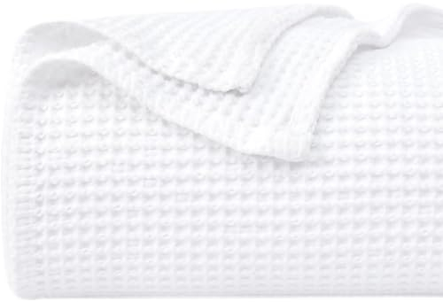 100% Cotton Blankets for Bed - Waffle Weave Blankets for Summer, Lightweight and Breathable Soft Woven Blanket for Spring (White, Queen (90 x 90))