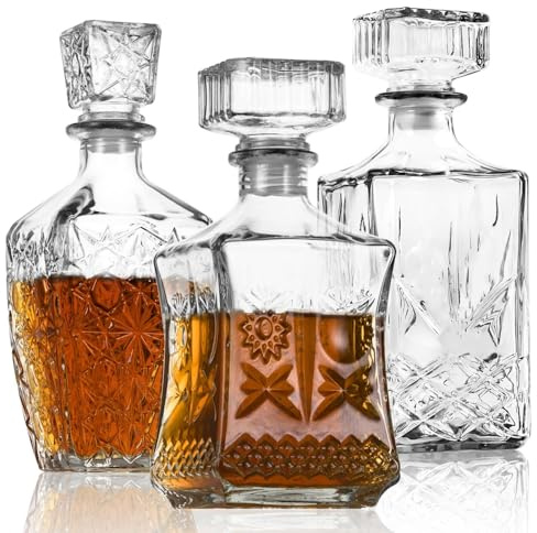 LAWADACH Decantadores de licor, juego de 3 botellas de alcohol de vidrio para tequila, brandy y vodka, decoración única de bar de licor y fiesta (793.8 g x 2, 878.8 g x 1)