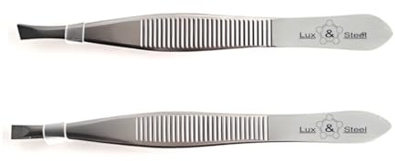 Lux e Steel - Set di Pinzette Professionali in Acciaio Inox per Sopracciglia - Punta Obliqua Retta - Precisione Estrema per Uomo e Donna - Pinzette per Rimozione peli del Viso (2 Strette)