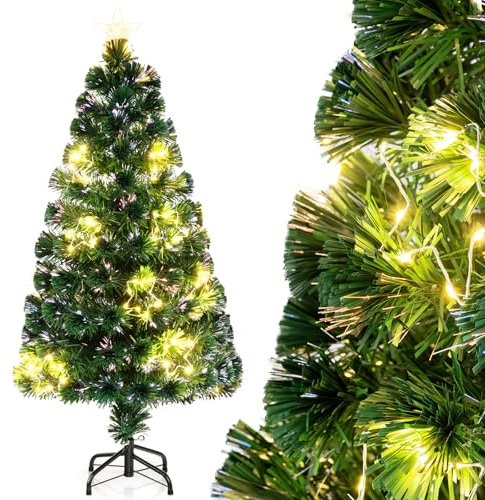 GYMAX 4FT/5FT Pre-lit Fiber Optic Christmas Tree, Artificial Xmas Tree with 18/24 Shape-Adjustable Light Strips, Top Star, 130/170 Branch Tips, Xmas Decor for Home Office Party (4FT)