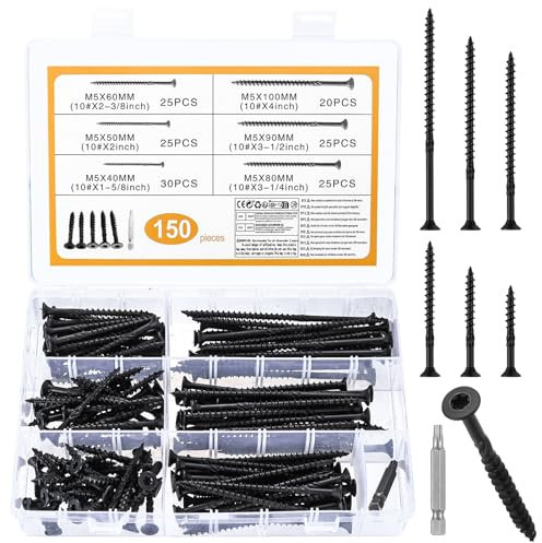 Set de 150 tornillos para madera, tornillos de terraza, tornillos de aglomerado con Torx, cabezas avellanadas, autorroscantes para techos y estructuras, M5 (Negro)