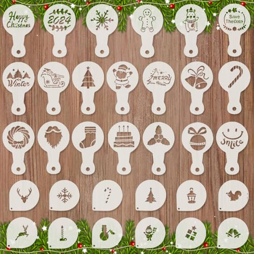 HTTDSLF 32 Stück Weihnachten Kaffee Schablonen, Weihnachts Schablonen, Weihnachten Kaffee und Backen Schablonen für Dekoration, Kakaostreuer Kaffee Zubehör für die Herstellung von Kaffee-Cappuccino