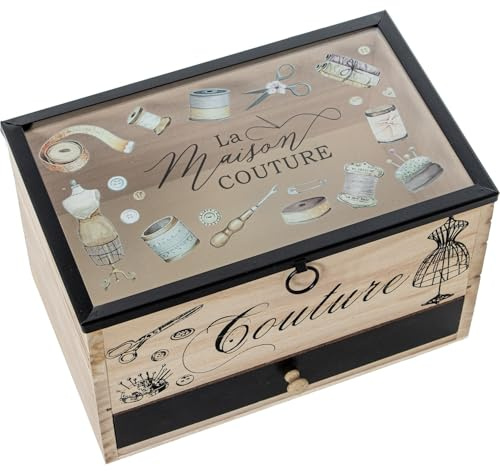 DRW Boîte à Couture en Bois avec Couvercle en Verre et 1 tiroir en Naturel et Noir 24 x 15 x 15 cm