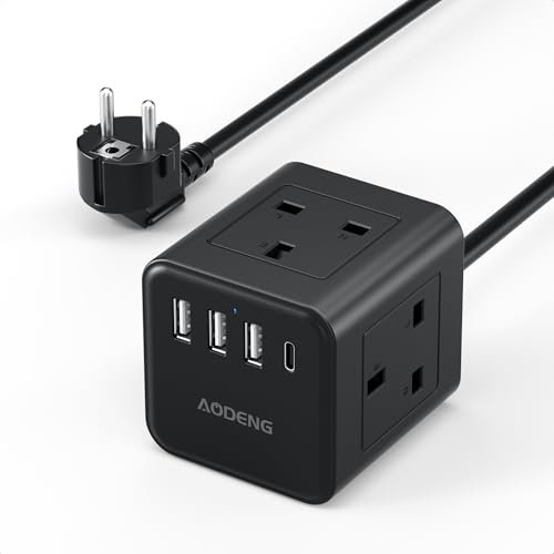 UK to European Plug Adapter with 1.5M Extension Cable, Aodeng 4 Way Travel Extension Lead with 4 USB Compact Type E/F Travel Adapter for Germany France Spain Poland Greece Netherlands etc.