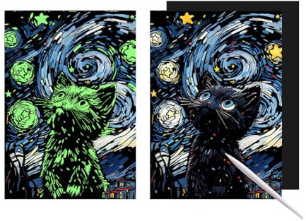 Kratzbilder Set,DIY Bastelsets,Nachtleuchtendes Kratzmalpapier-Set,kreatives mehrfarbiges Malset mit Dunkeln leuchtendem Effekt Magic Scratch Art Papier Set,Nachtansicht Kratzpapier (schwarze Katze)
