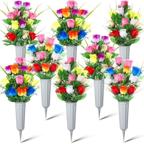 Quzzil 8 Set 16 Pcs Cemetery Vase with Flowers for Grave Memorial Artificial Floral Bouquet Funeral Gravesite Flowers for Outdoor Cemetery Headstones Lawn Yard Easter Decoration(Vivid Color)