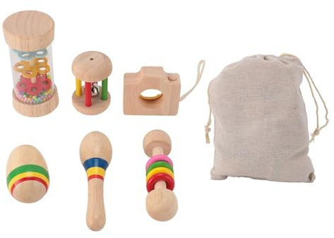 Holzrassel Set für Babys 6 teiliges Montessori-Sensorikspielzeug für Kleinkinder von 3–7 Jahren, Naturholz-Frühlernspielzeug mit Regenstab,Maracas,Trommel Sensorikgeschenk Jungen und Mädchen