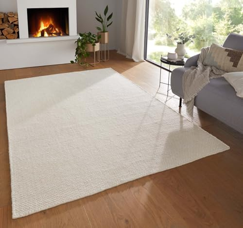 Taracarpet Moderner Boho Wollteppich Bern fürs Wohnzimmer, Schlafzimmer und Esszimmer aus Schurwolle Natural Living nachhaltig weiß 130x190 cm