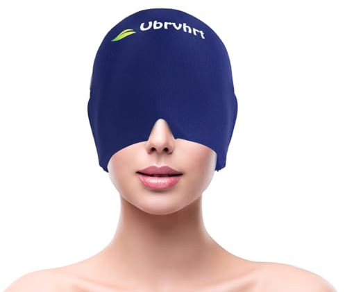Ubrvhrt Maschera per emicrania, maschera per mal di testa, copertura a 360°, Cappello Migraine Relief Cap, impacco freddo e caldo per mal di testa, occhi gonfi, seni, gel double face, Blu Marino