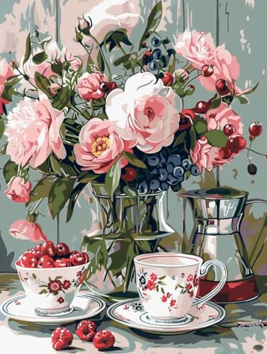 Malen Nach Zahlen Erwachsene mit Rahmen Tasse Malen Nach Zahlen Blume Paint by Numbers Farbige Leinwand mit Pinselset Acrylfarben Kreativ Set für Erwachsene, Zimmer Deko Geschenke 100x135cm -g28C