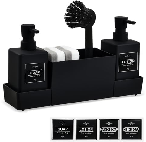 Organizador de Fregadero 4 en 1 - Dispensador de Jabón 350ml con Porta Esponjas y Cepillo - Dosificador de Detergente Multifuncional para Cocina o Baño - Diseño Elegante y Compacto, Negro
