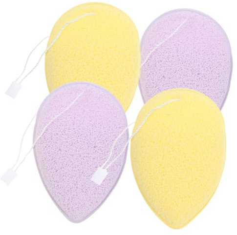 CALLARON Esponjas Limpiadoras Faciales Cara 4 Piezas Tamaño Manos Diseño Gota Colores Morado y Amarillo Para Limpieza y Desmaquillado