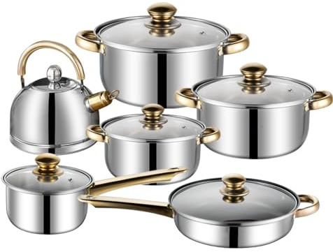 Set di pentole in acciaio inox, 12 pezzi di pentole e padelle da cucina con manici rimovibili, padelle e casseruole con coperchi, compatibili con tutti i fornelli, 12 pezzi/con ,12 pcs/with kettle