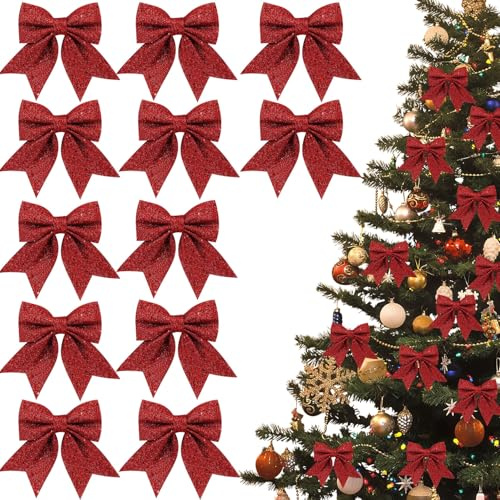 Pipihome Schleifen Weihnachtsbaum Rote, 12 Stück Weihnachtsschleifen, Rote Schleifen Weihnachte Glitzer, Weihnachtsbaum Deko für Weihnachten Urlaub Hochzeit Feierlichkeiten