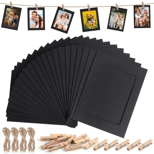 Niuny Marco de Fotos de Papel 40pcs Marcos de Fotos 6 Pulgadas Marcos de Cartón Negro Guirnalda de Foto con 40 Piezas Clips y Cuerda Colgar Foto con Pinzas Para Hogar Colegio Oficina Pared DIY