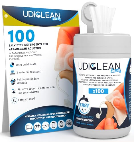 100 Toallitas para Audífonos Limpiadoras y Humedecidas Udiclean - en Dispensador Resellable Conserva Humedad - Toallitas de Formato Maxi y Resistentes Limpieza de Cerumen Grasa y Suciedad