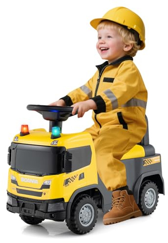 COSTWAY Macchina Cavalcabile per Bambini 18 Mesi+, Macchina a Spinta per Bambini Ufficiale Scania, Camion da Costruzione con Luci, Sirene, Clacson e Musica, con Spazio sotto Sedile (Giallo)