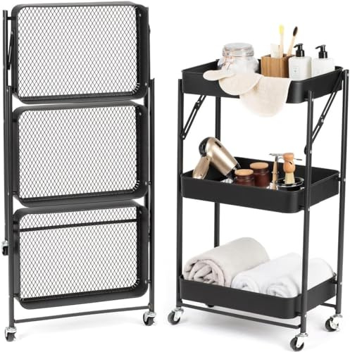 3-Tier Foldable Beauty Trolley Cart on Wheels - Heavy Duty Metal Storage Organizer for Salon, Kitchen, Bathroom, Hairdressing, Lash Extensions, Crafts & Home - Wheels, Rust-Proof-Black