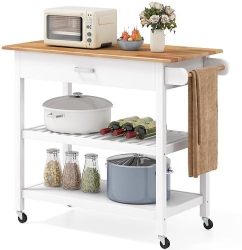 TANGZON Kitchen Island Cart, 3-Tier Rolling Storage Trolley with Rubber Wood Countertop, 1/2 Drawers, Side Handle & Wheels, Utility Serving Cart for Dining Living Room (Natural+White, 106x50x89cm)
