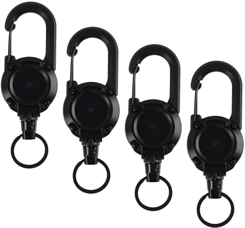 4 portachiavi allungabili nero per corda in acciaio da 60 cm, portachiavi zaino, robusto moschettone e materiale ABS per chiavi, e strumenti per escursioni, campeggio e uso quotidiano