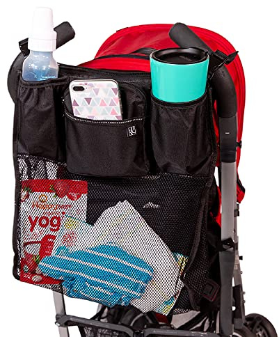 J.L. Childress Cups 'N Cargo Universal Stroller Caddy Organizer - Essential Travel Accessories for Baby Stroller, Includes Cup Holders & Mesh Storage Bag, Fits UPPAbaby, Doona, Nuna, & More - Black