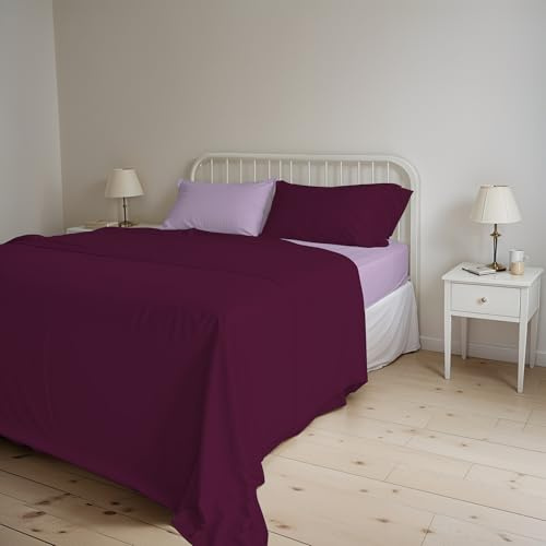 COMPLETO LETTO MATRIMONIALE NATURAL COLOR 100% Cotone - Prodotto in Italia - Sopra 240x300 cm, Sotto 170x200 cm, Federe 50x80 cm Tinta Unita - DoubleFace - Prugna/Lilla