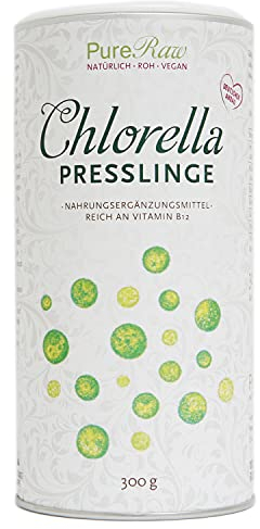 Chlorella Tabletten Presslinge aus Deutschland - Regional, Rein & Kontrolliert (Roh Vegan) Algen Presslinge reich an Vitamin B12 Eisen Chlorophyll Spermidin - ChlorellaVulgarisTablets von PureRaw 300g