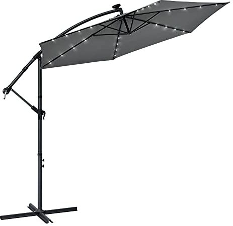 Juskys Ampelschirm Brazil 350 cm LED Beleuchtung Solar & Kurbel - UV-Schutz wasserabweisend knickbar - Hülle - Sonnenschirm Marktschirm grau