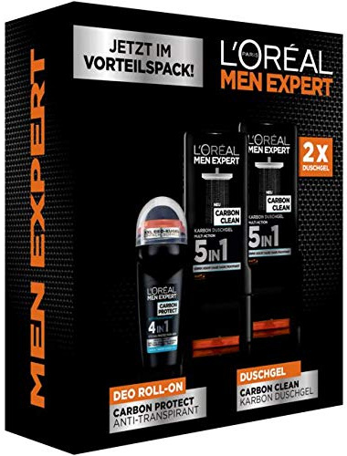 L'Oréal Paris men expert Carbon Box 1 Set bestehend aus 1x CARBON PROTECT - 4in1 Anti-Transpirant Roll-On 50 ml & 2x CARBON CLEAN - Karbon Duschgel Multi Action 5in1 300 ml