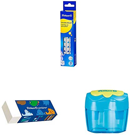 Pelikan 807401 Schreiblernbleistift, Blau, 12 Stück in Faltschachtel + Doppel-Anspitzer Flower Blau, 1 Stück + Radierer Combino, 1 Stück