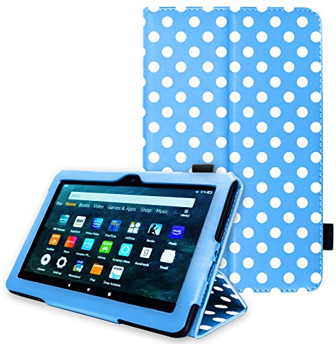 TECHGEAR Neue Amazon Fire HD 8, HD 8 Plus, Kinder, 2024/2022/2020 14. 12. 10. Generation Hülle - PU Leder Slim Hülle mit Ständer und Handschlaufe Schutzhülle Tasche - Blau Tupfen
