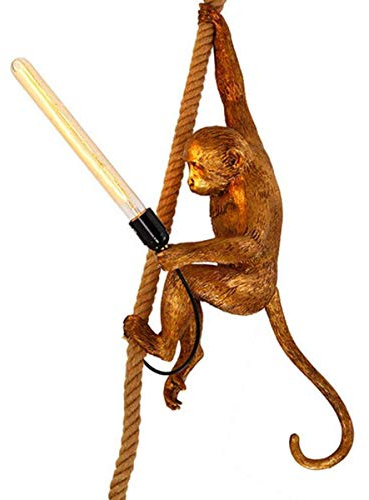 AXFALO Lámpara colgante vintage dorada E27 creativa lámpara de mono colgante cuerda de cáñamo retro lámpara colgante altura ajustable comedor candelabro decoración estilo rústico monkey lámpara mesa