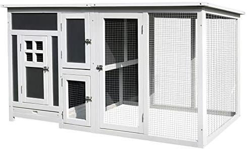 PawHut Hühnerstall Hühnerhaus Geeignet für 1-2 Hühner, mit Nistkasten Eierkiste mit 2 Fächern, Tanne, Grau+Weiß, 160 x 75 x 80 cm